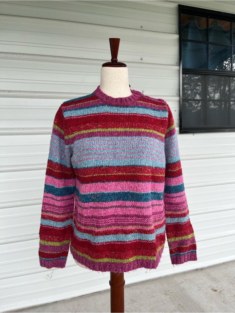 Vintage Karen Scott Striped Wool Blend Sweater Multi-Color Button Shoulder